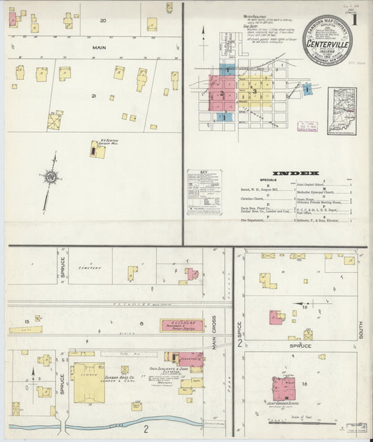 Sanborn Fire Insurance Map from Centerville, Wayne County, Indiana (1913), Sheet #0001 - Historic Sanborn Fire Insurance Map Print, vintage old map wall art, antique decor, genealogy gift, Indiana Indiana map