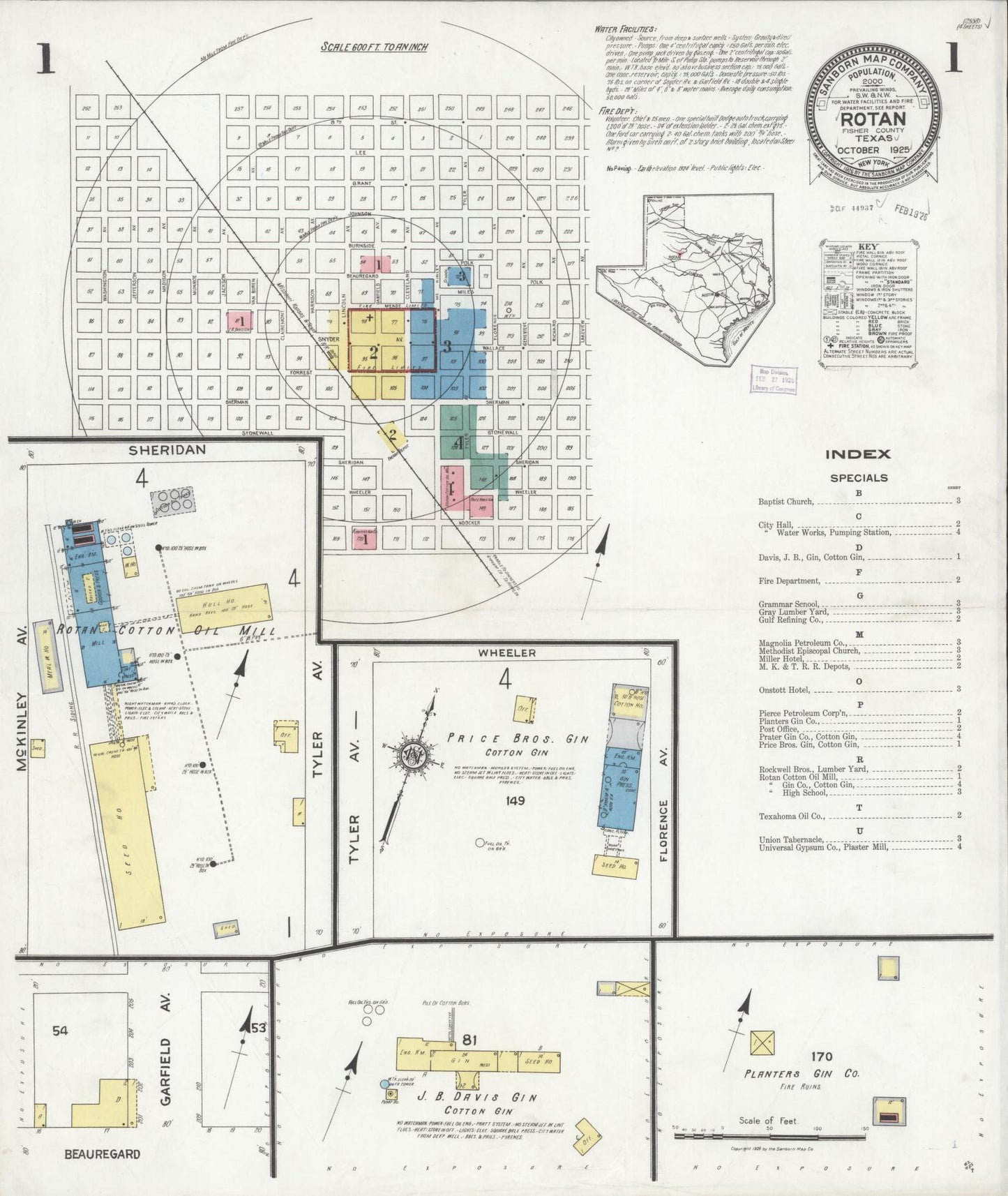 Sanborn Fire Insurance Map from Rotan, Fisher County, Texas (1925), Sheet #0001 - Complete Map Set gallery image, historic Sanborn map, vintage wall art, Texas Texas