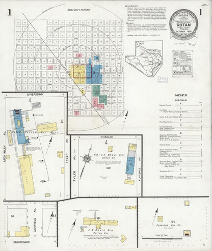Sanborn Fire Insurance Map from Rotan, Fisher County, Texas (1925), Sheet #0001 - Complete Map Set gallery image, historic Sanborn map, vintage wall art, Texas Texas
