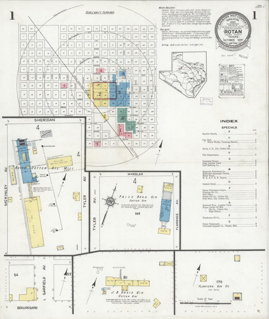 Sanborn Fire Insurance Map from Rotan, Fisher County, Texas (1925), Sheet #0001 - Complete Map Set gallery image, historic Sanborn map, vintage wall art, Texas Texas