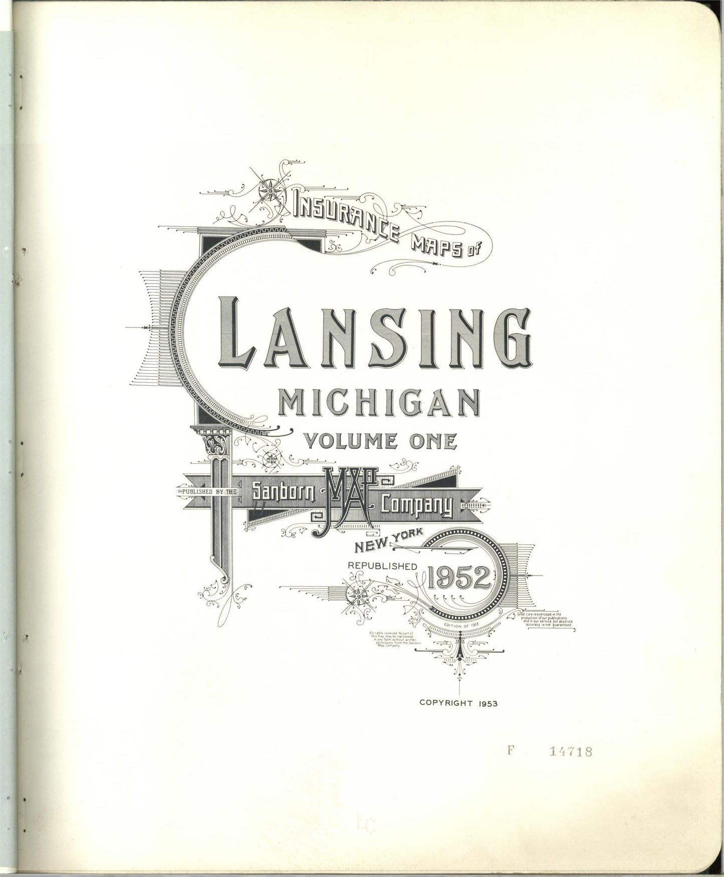 Sanborn Fire Insurance Map from Lansing, Ingham County, Michigan (1953), Sheet #0001 - Complete Map Set gallery image, historic Sanborn map, vintage wall art, Michigan Michigan