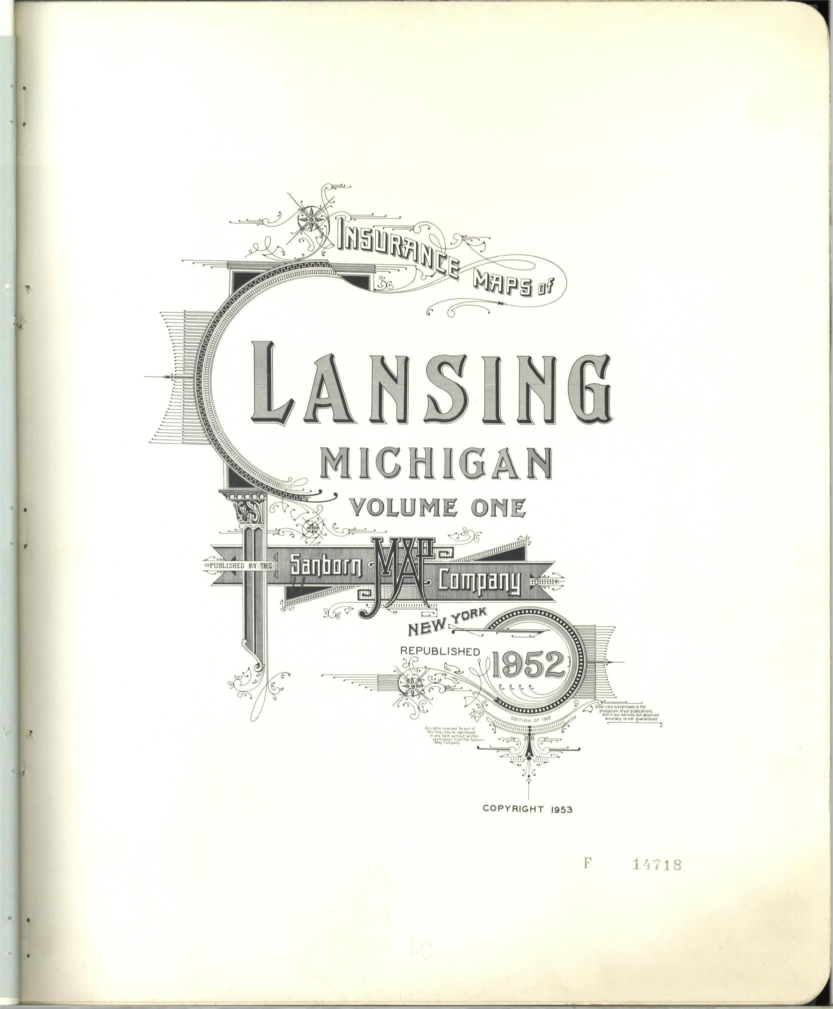 Sanborn Fire Insurance Map from Lansing, Ingham County, Michigan (1953), Sheet #0001 - Complete Map Set gallery image, historic Sanborn map, vintage wall art, Michigan Michigan