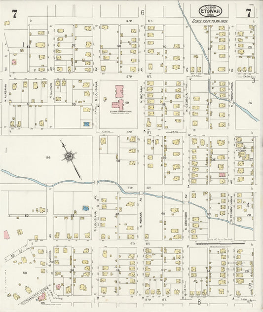 Sanborn Fire Insurance Map from Etowah, McMinn County, Tennessee (1925), Sheet #0007 - Historic Sanborn Fire Insurance Map Print, vintage old map wall art, antique decor, genealogy gift, Tennessee Tennessee map