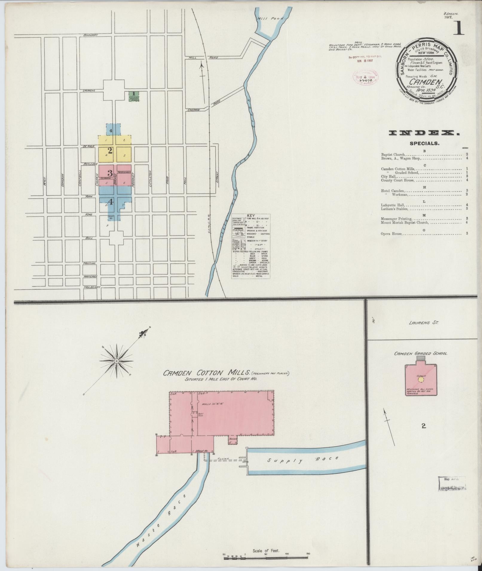 Sanborn Fire Insurance Map from Camden, Kershaw County, South Carolina (1894), Sheet #0001 - Historic Sanborn Fire Insurance Map Print, vintage old map wall art, antique decor, genealogy gift, South Carolina South Carolina map