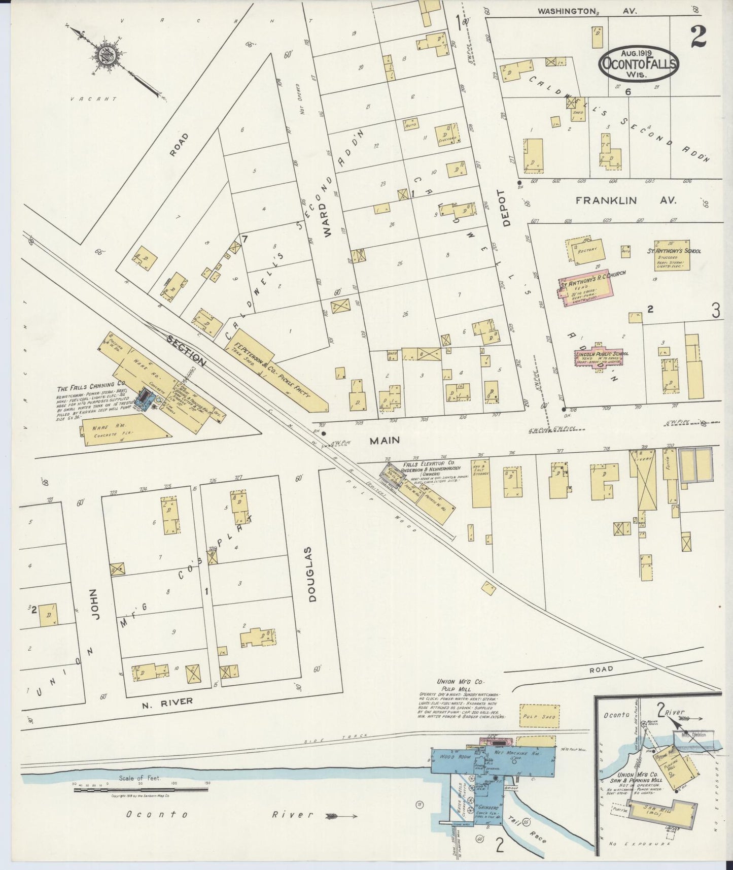 Sanborn Fire Insurance Map from Oconto Falls, Oconto County, Wisconsin (1919), Sheet #0002 - Historic Sanborn Fire Insurance Map Print, vintage old map wall art, antique decor, genealogy gift, Wisconsin Wisconsin map