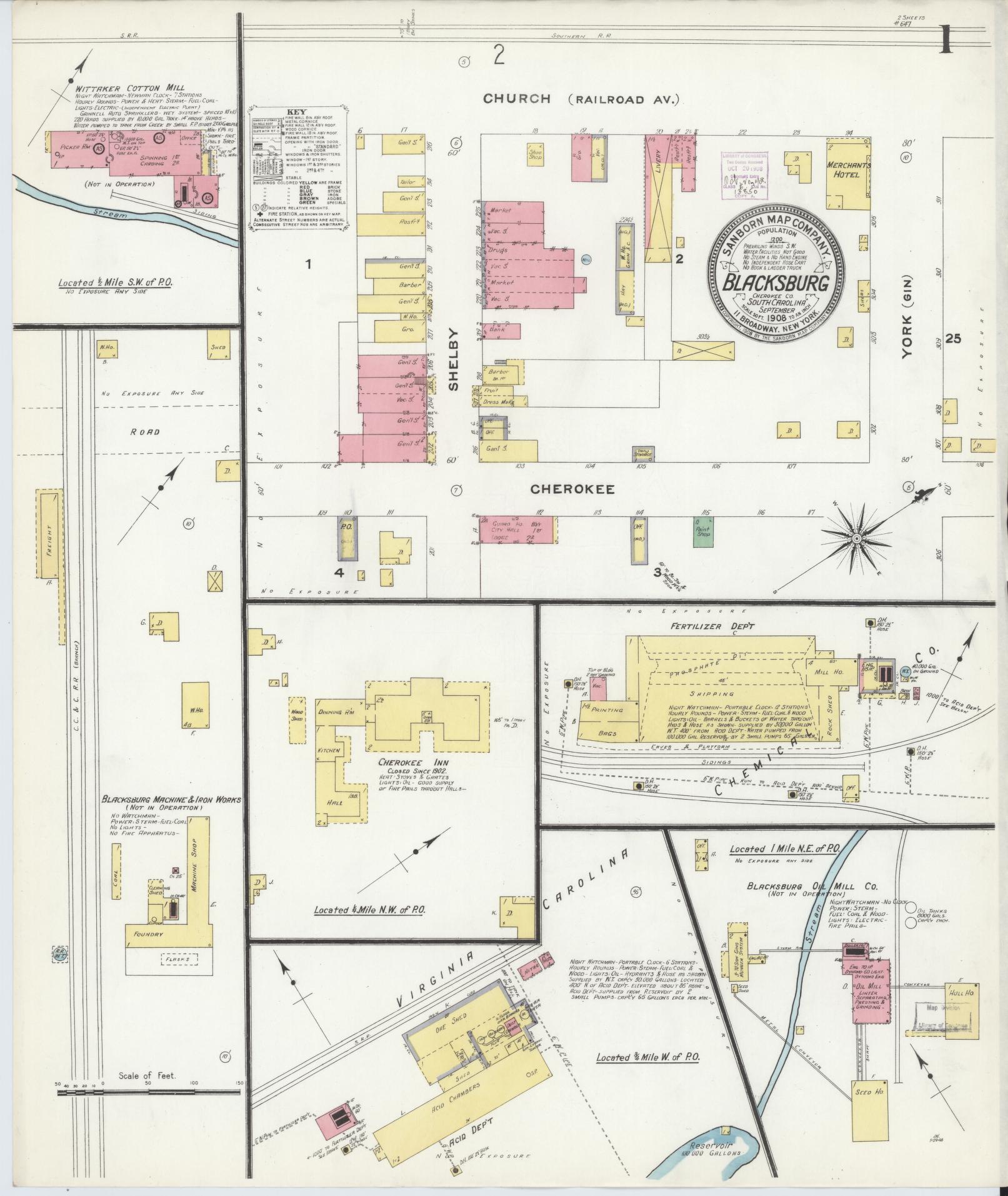 Sanborn Fire Insurance Map from Blacksburg, Cherokee County, South Carolina (1908), Sheet #0001 - Complete Map Set gallery image, historic Sanborn map, vintage wall art, South Carolina South Carolina