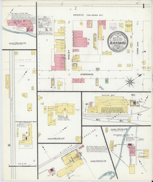 Sanborn Fire Insurance Map from Blacksburg, Cherokee County, South Carolina (1908), Sheet #0001 - Complete Map Set gallery image, historic Sanborn map, vintage wall art, South Carolina South Carolina