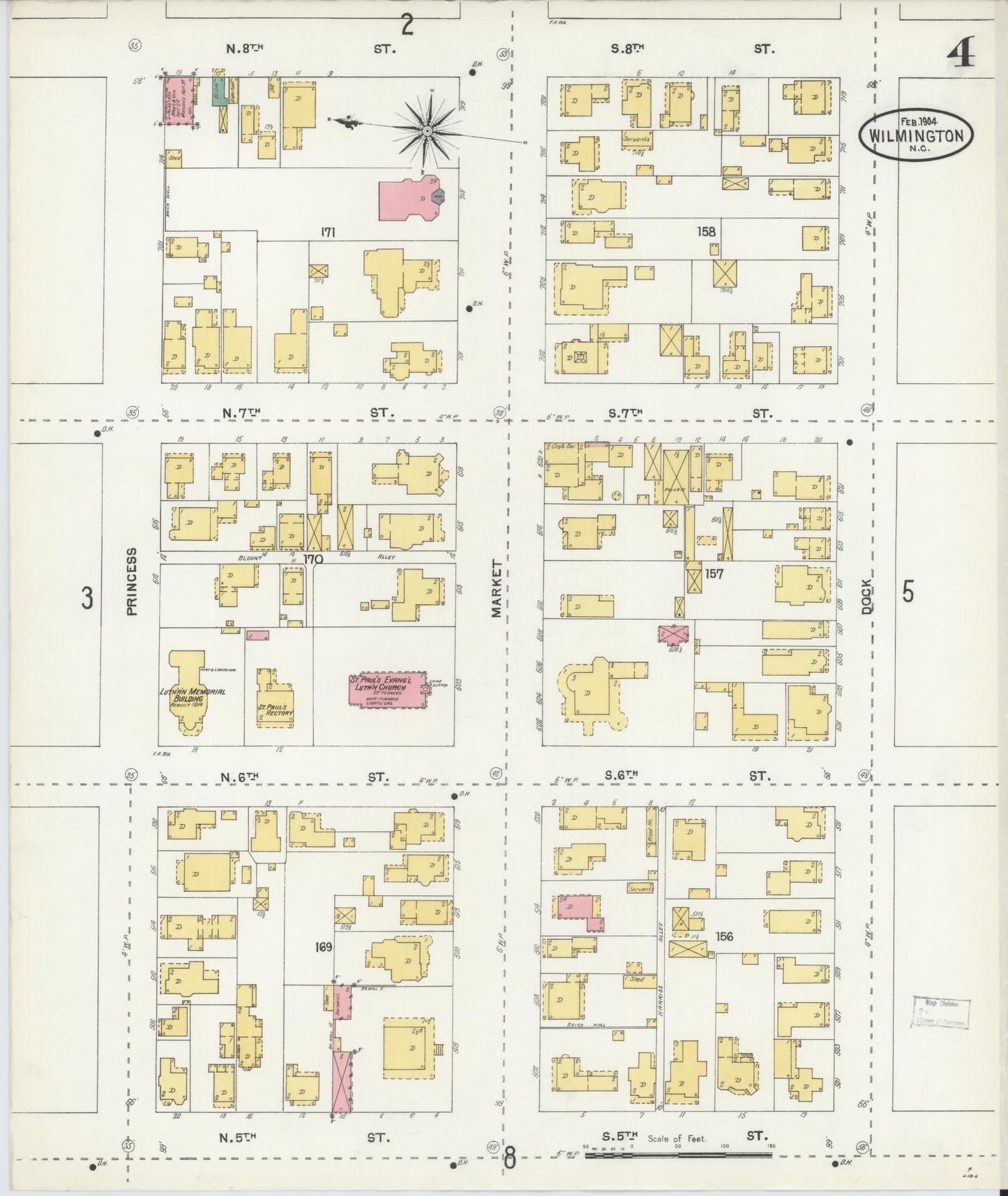 Sanborn Fire Insurance Map from Wilmington, New Hanover County, North Carolina (1904), Sheet #0004 - Complete Map Set gallery image, historic Sanborn map, vintage wall art, North Carolina North Carolina