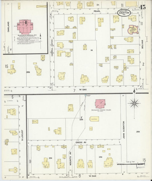 Sanborn Fire Insurance Map from Denton, Denton County, Texas (1907), Sheet #0015 - Historic Sanborn Fire Insurance Map Print, vintage old map wall art, antique decor, genealogy gift, Texas Texas map