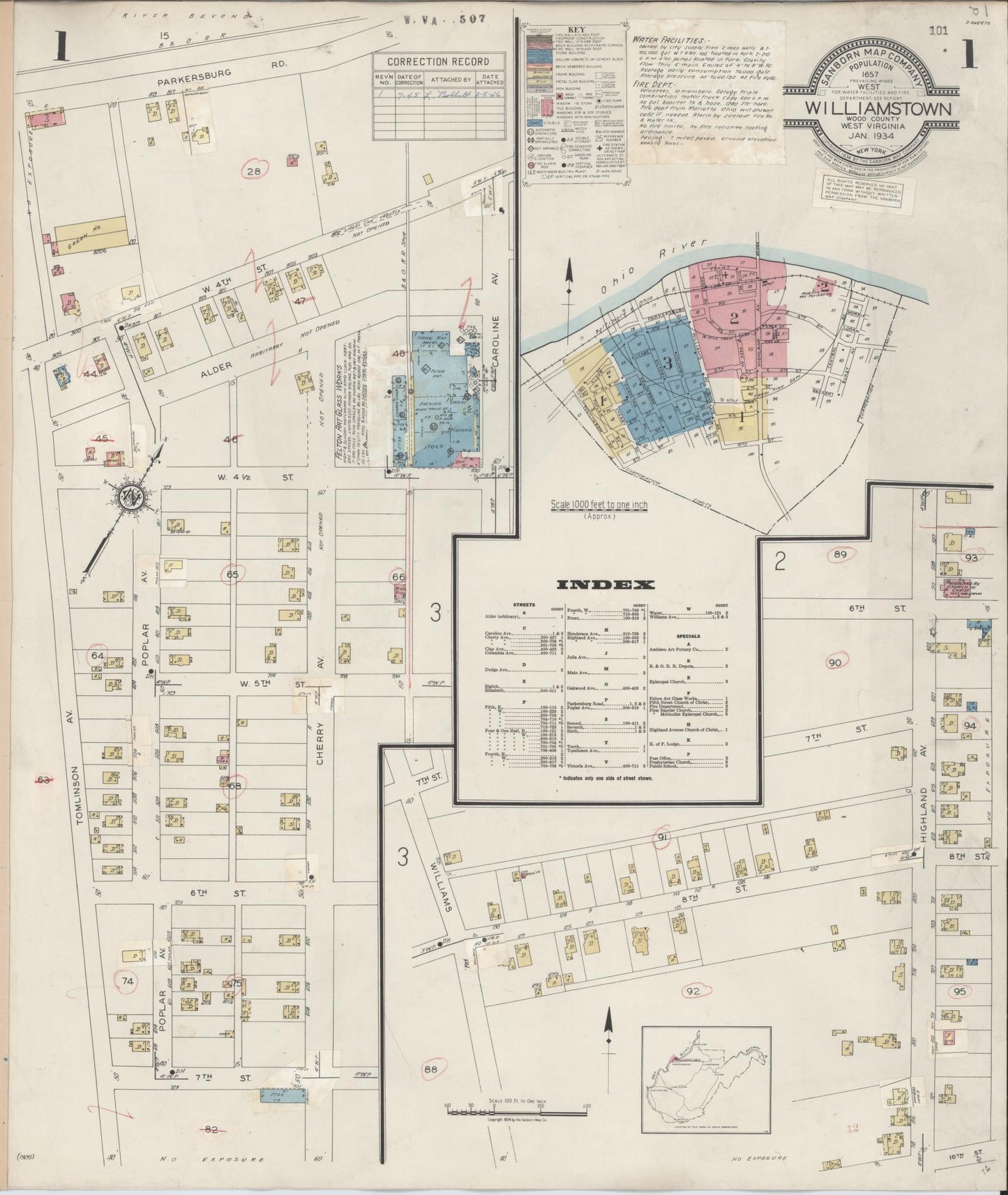 Sanborn Fire Insurance Map from Williamstown, Wood County, West Virginia (1945), Sheet #0001 - Historic Sanborn Fire Insurance Map Print, vintage old map wall art, antique decor, genealogy gift, West Virginia West Virginia map
