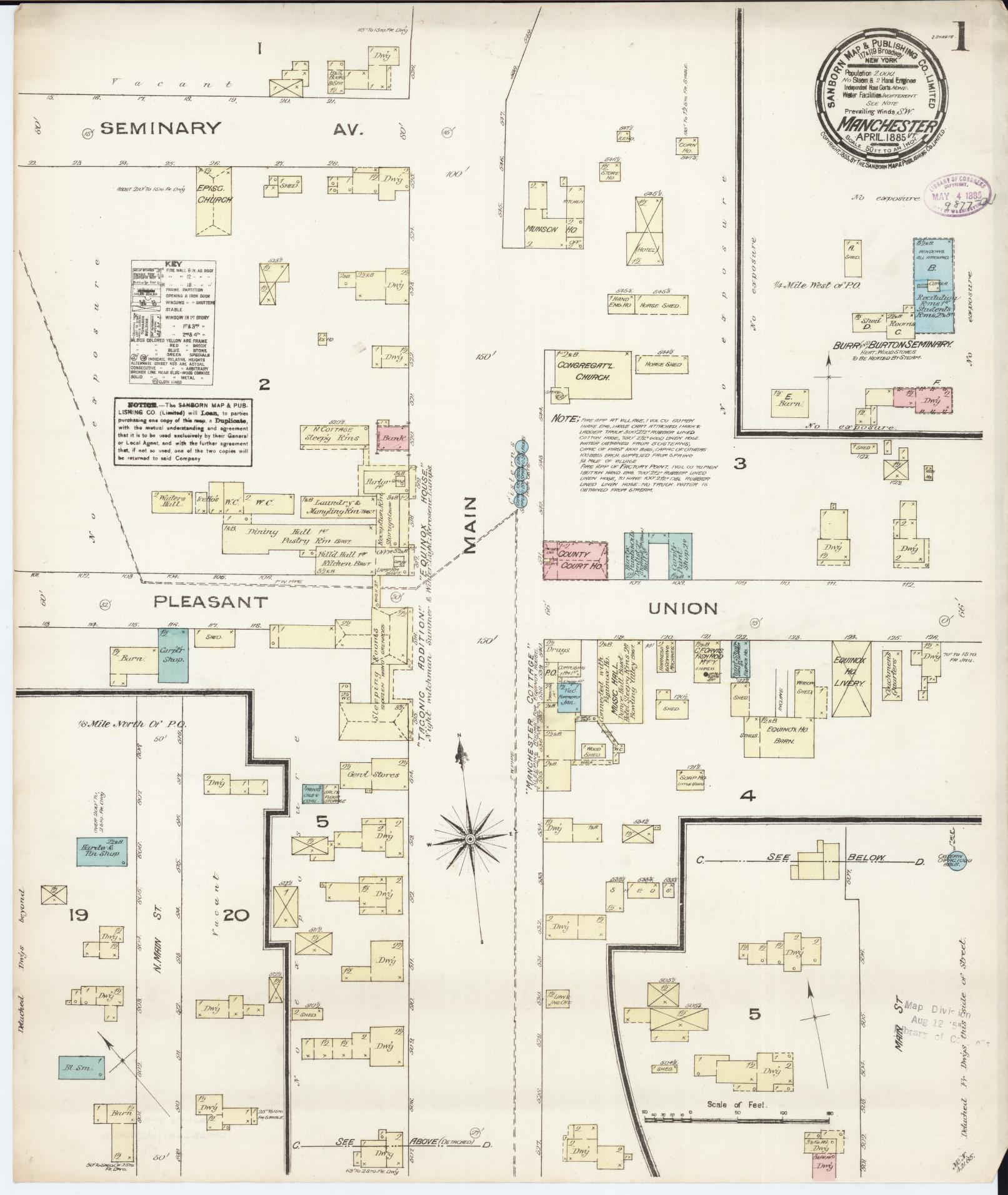 Sanborn Fire Insurance Map from Manchester, Bennington County, Vermont (1885), Sheet #0001 - Complete Map Set gallery image, historic Sanborn map, vintage wall art, Vermont Vermont