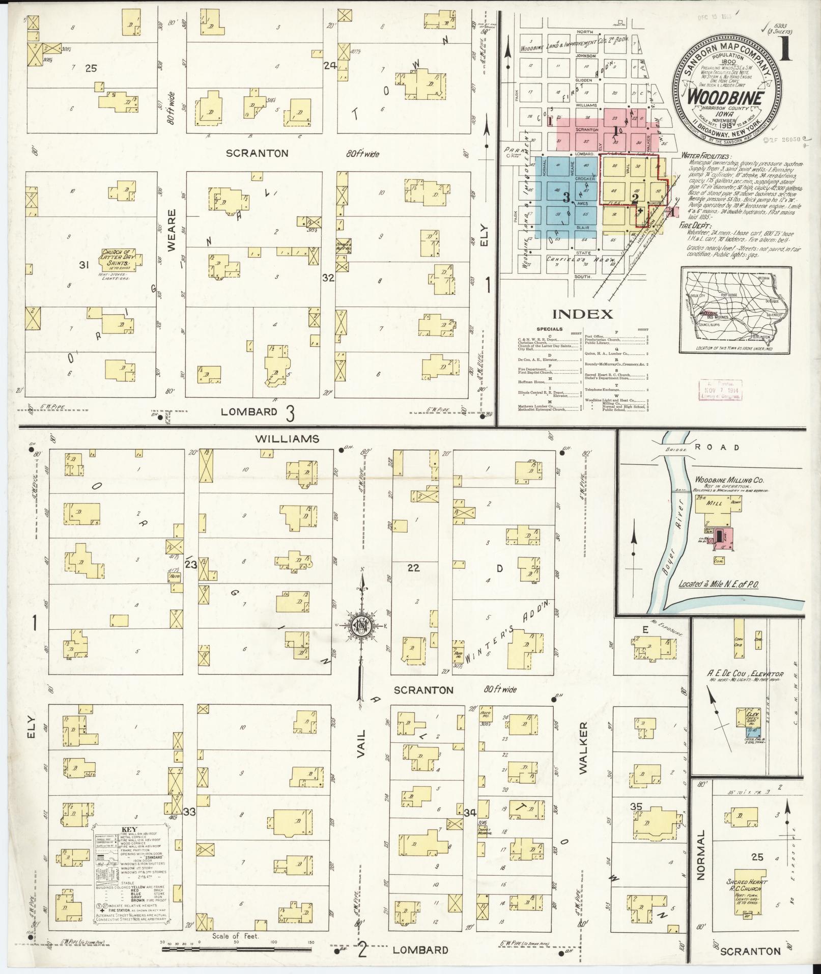 Sanborn Fire Insurance Map from Woodbine, Harrison County, Iowa (1913), Sheet #0001 - Historic Sanborn Fire Insurance Map Print, vintage old map wall art