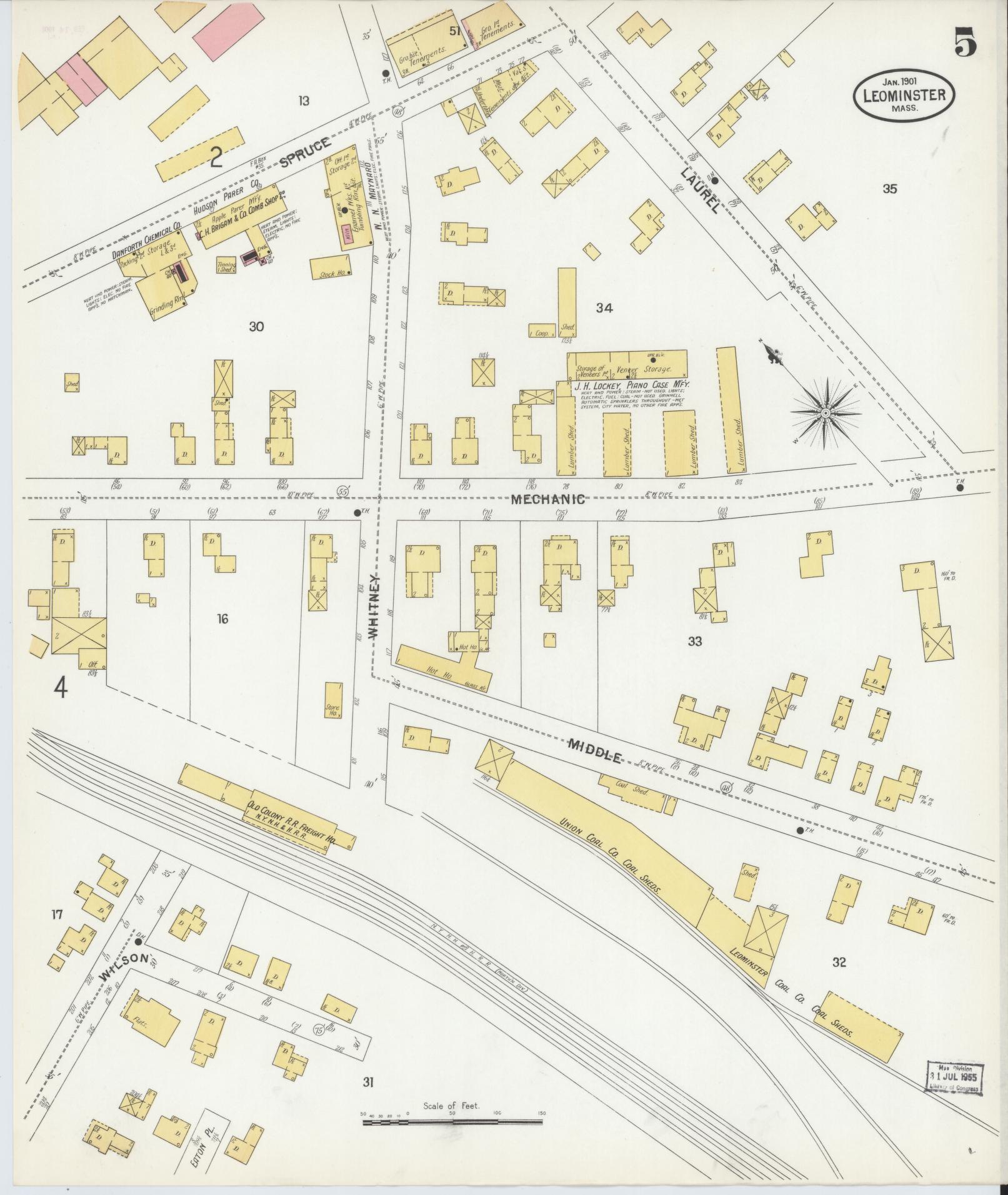 Sanborn Fire Insurance Map from Leominster, Worcester County, Massachusetts (1901), Sheet #0005 - Complete Map Set gallery image, historic Sanborn map, vintage wall art, Massachusetts Massachusetts