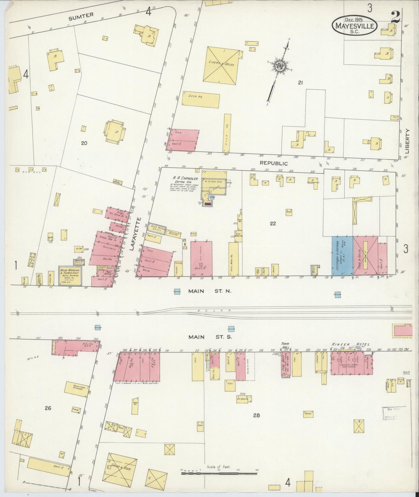 Sanborn Fire Insurance Map from Mayesville, Sumter County, South Carolina (1915), Sheet #0002 - Complete Map Set gallery image, historic Sanborn map, vintage wall art, South Carolina South Carolina
