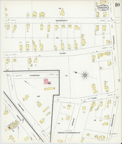 Sanborn Fire Insurance Map from Danvers, Essex County, Massachusetts (1909), Sheet #0010 - Historic Sanborn Fire Insurance Map Print, vintage old map wall art, antique decor, genealogy gift, Massachusetts Massachusetts map