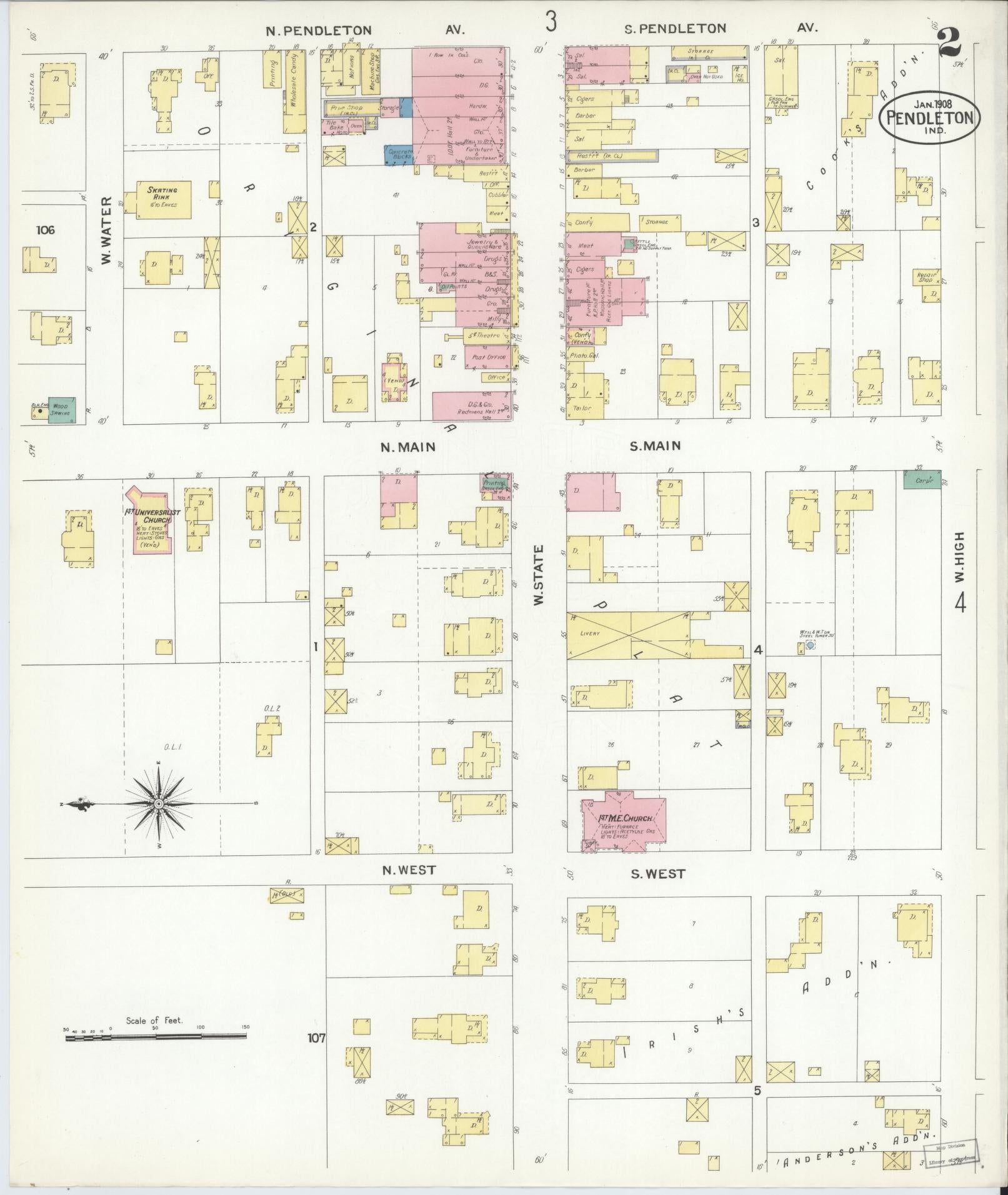 Sanborn Fire Insurance Map from Pendleton, Madison County, Indiana (1908), Sheet #0002 - Complete Map Set gallery image, historic Sanborn map, vintage wall art, Indiana Indiana