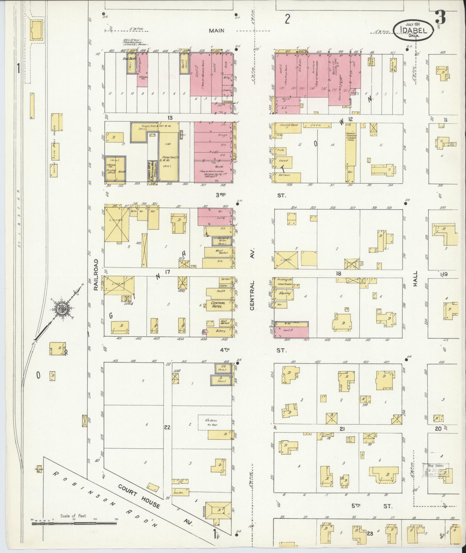 Sanborn Fire Insurance Map from Idabel, McCurtain County, Oklahoma (1911), Sheet #0003 - Complete Map Set gallery image, historic Sanborn map, vintage wall art, Oklahoma Oklahoma