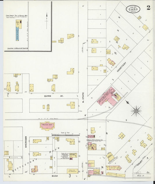 Sanborn Fire Insurance Map from Caro, Tuscola County, Michigan (1909), Sheet #0002 - Historic Sanborn Fire Insurance Map Print, vintage old map wall art, antique decor, genealogy gift, Michigan Michigan map