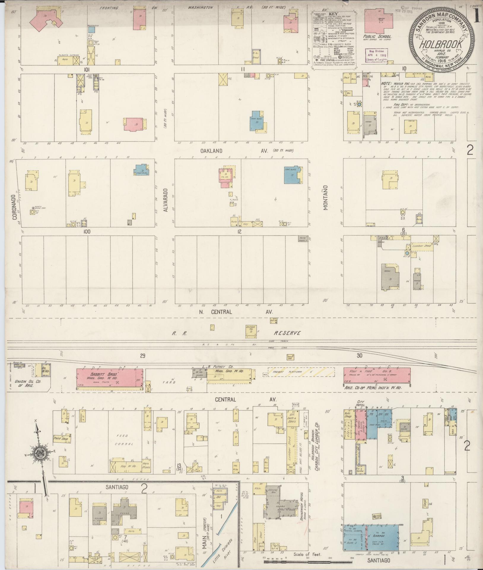 Sanborn Fire Insurance Map from Holbrook, Navajo County, Arizona (1916), Sheet #0001 - Historic Sanborn Fire Insurance Map Print, vintage old map wall art, antique decor, genealogy gift, Arizona Arizona map