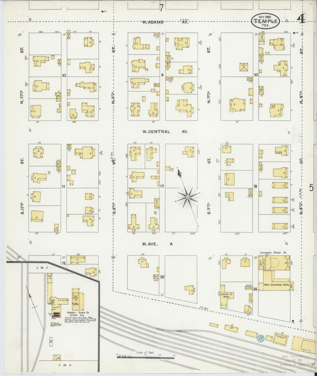 Sanborn Fire Insurance Map from Temple, Bell County, Texas (1905), Sheet #0004 - Historic Sanborn Fire Insurance Map Print, vintage old map wall art, antique decor, genealogy gift, Texas Texas map