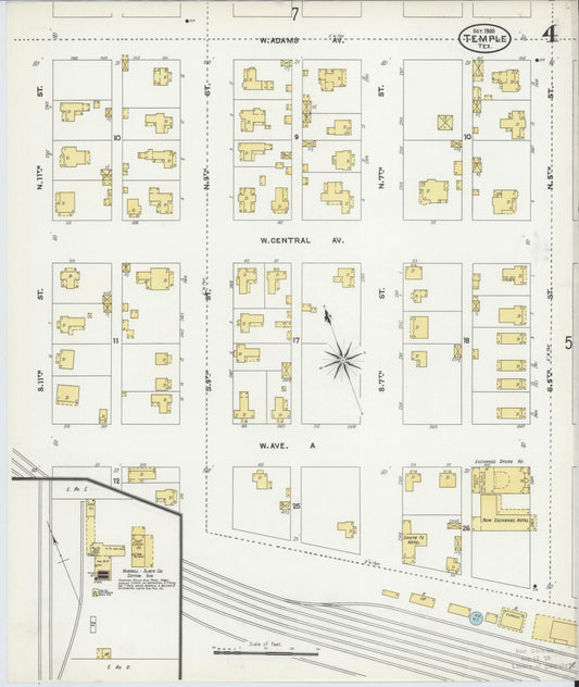 Sanborn Fire Insurance Map from Temple, Bell County, Texas (1905), Sheet #0004 - Historic Sanborn Fire Insurance Map Print, vintage old map wall art, antique decor, genealogy gift, Texas Texas map