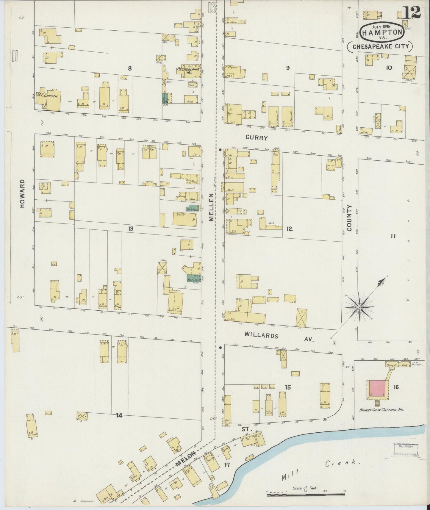 Sanborn Fire Insurance Map from Hampton, Independent Cities, Virginia (1895), Sheet #0012 - Complete Map Set gallery image, historic Sanborn map, vintage wall art, Virginia Virginia