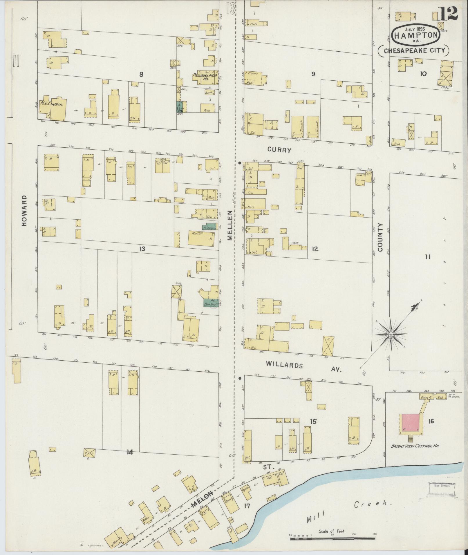Sanborn Fire Insurance Map from Hampton, Independent Cities, Virginia (1895), Sheet #0012 - Complete Map Set gallery image, historic Sanborn map, vintage wall art, Virginia Virginia