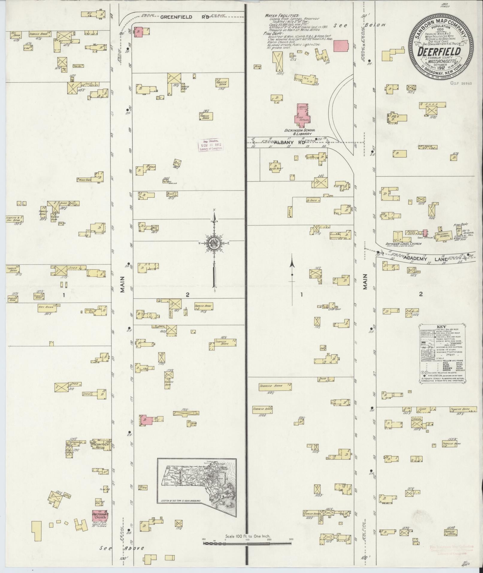 Sanborn Fire Insurance Map from Deerfield, Franklin County, Massachusetts (1912), Sheet #0001 - Historic Sanborn Fire Insurance Map Print, vintage old map wall art, antique decor, genealogy gift, Massachusetts Massachusetts map