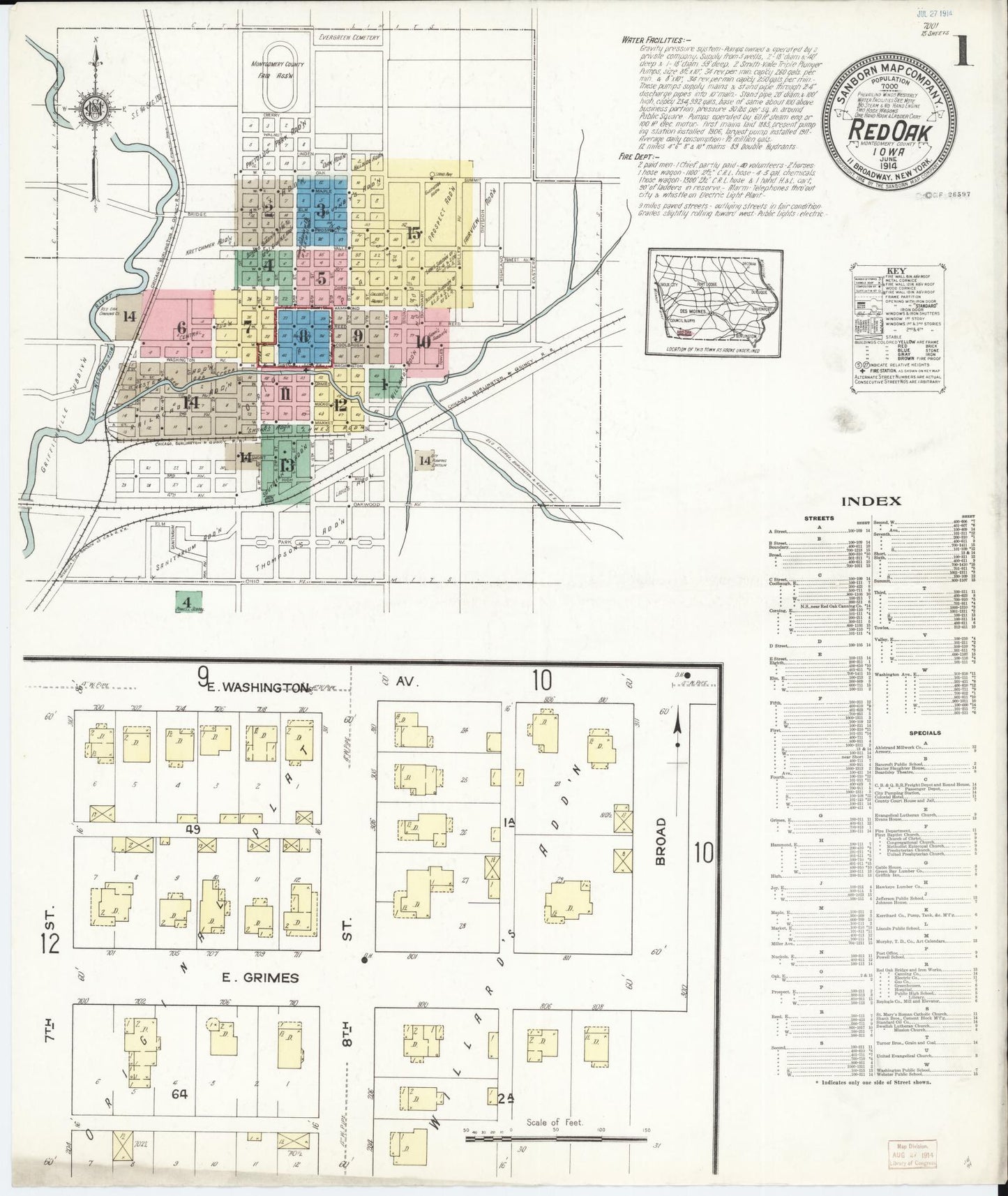 Sanborn Fire Insurance Map from Red Oak, Montgomery County, Iowa (1914), Sheet #0001 - Historic Sanborn Fire Insurance Map Print, vintage old map wall art