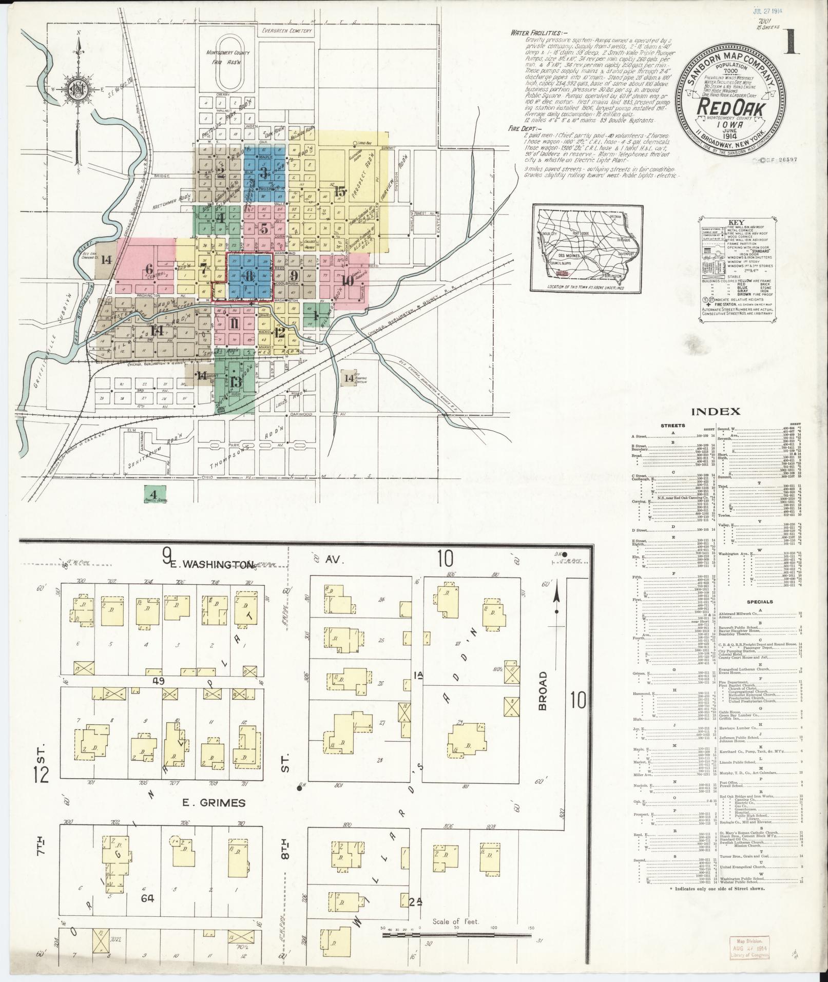 Sanborn Fire Insurance Map from Red Oak, Montgomery County, Iowa (1914), Sheet #0001 - Historic Sanborn Fire Insurance Map Print, vintage old map wall art
