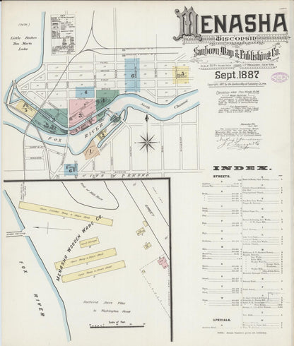 Sanborn Fire Insurance Map from Menasha, Winnebago County, Wisconsin (1887), Sheet #0001 - Historic Sanborn Fire Insurance Map Print, vintage old map wall art, antique decor, genealogy gift, Wisconsin Wisconsin map