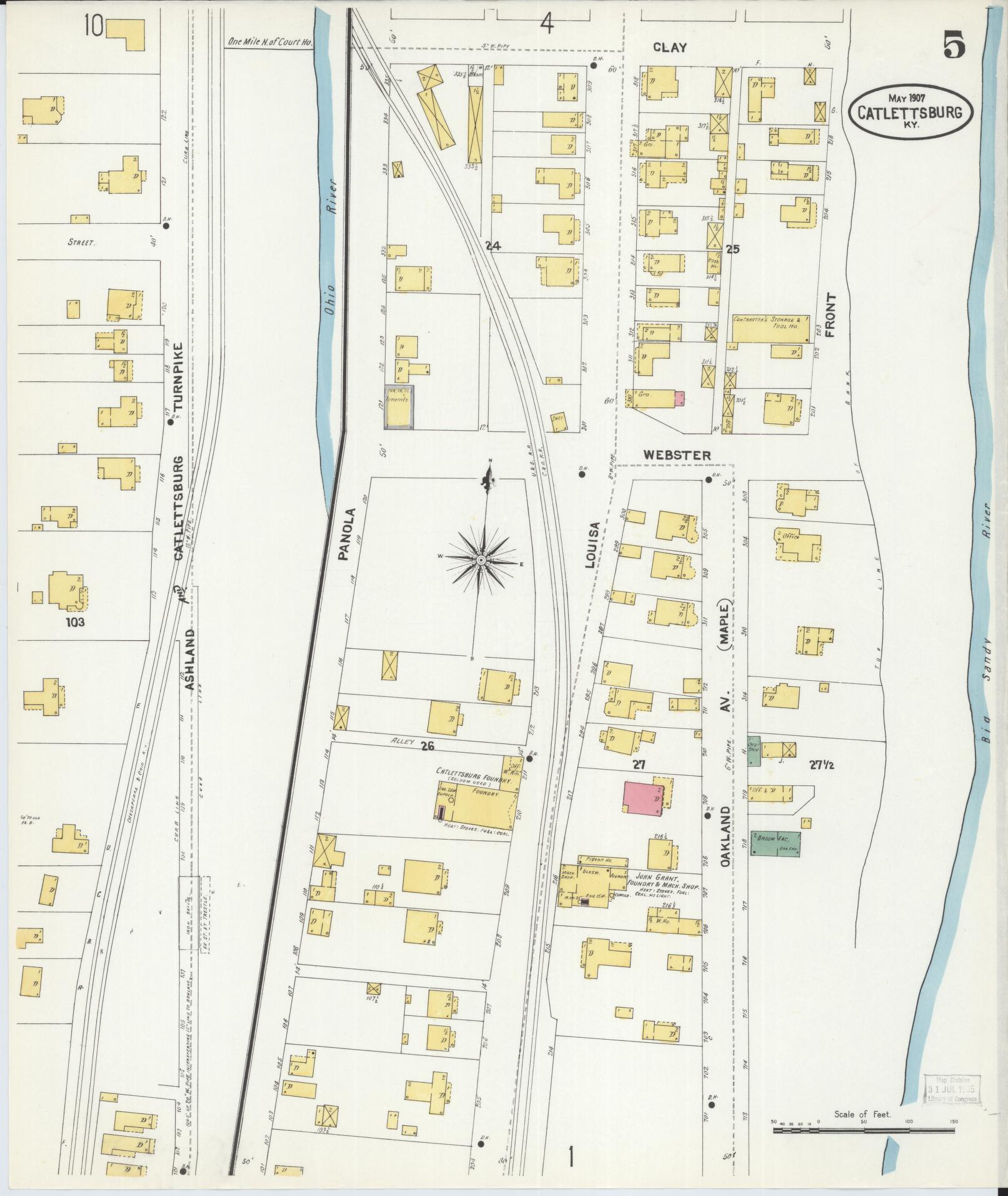 Sanborn Fire Insurance Map from Catlettsburg, Boyd County, Kentucky (1907), Sheet #0005 - Complete Map Set gallery image, historic Sanborn map, vintage wall art, Kentucky Kentucky