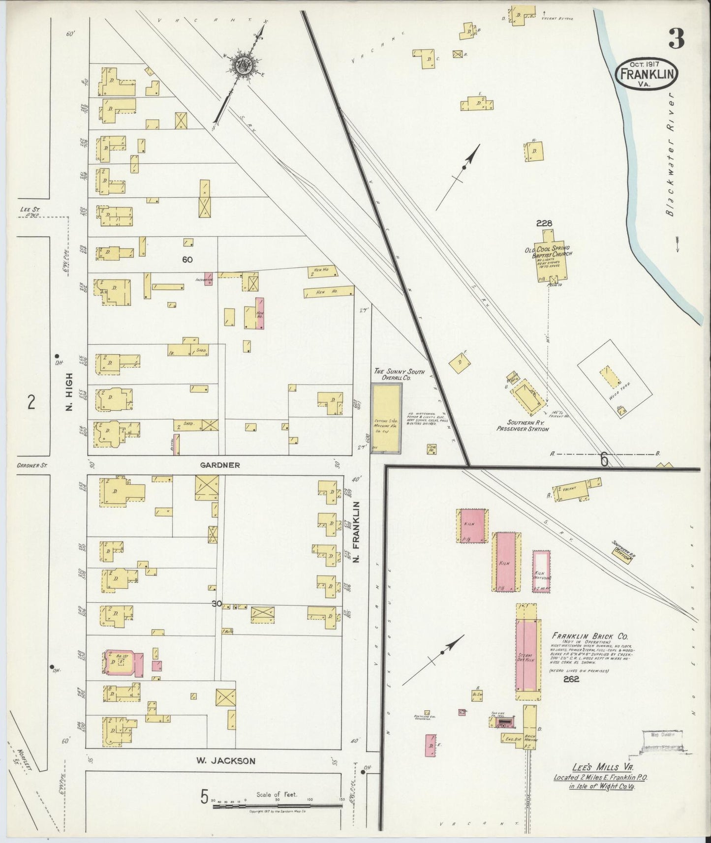 Sanborn Fire Insurance Map from Franklin, Independent Cities, Virginia (1917), Sheet #0003 - Complete Map Set gallery image, historic Sanborn map, vintage wall art, Virginia Virginia