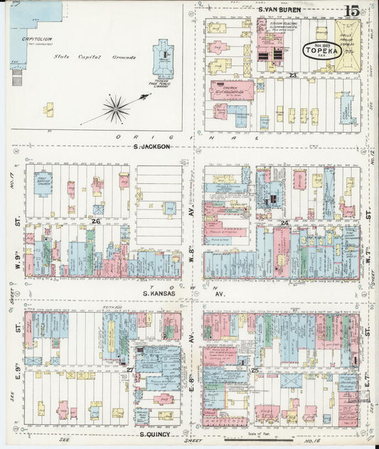 Sanborn Fire Insurance Map from Topeka, Shawnee County, Kansas (1889), Sheet #0016 - Historic Sanborn Fire Insurance Map Print, vintage old map wall art, antique decor, genealogy gift, Kansas Kansas map