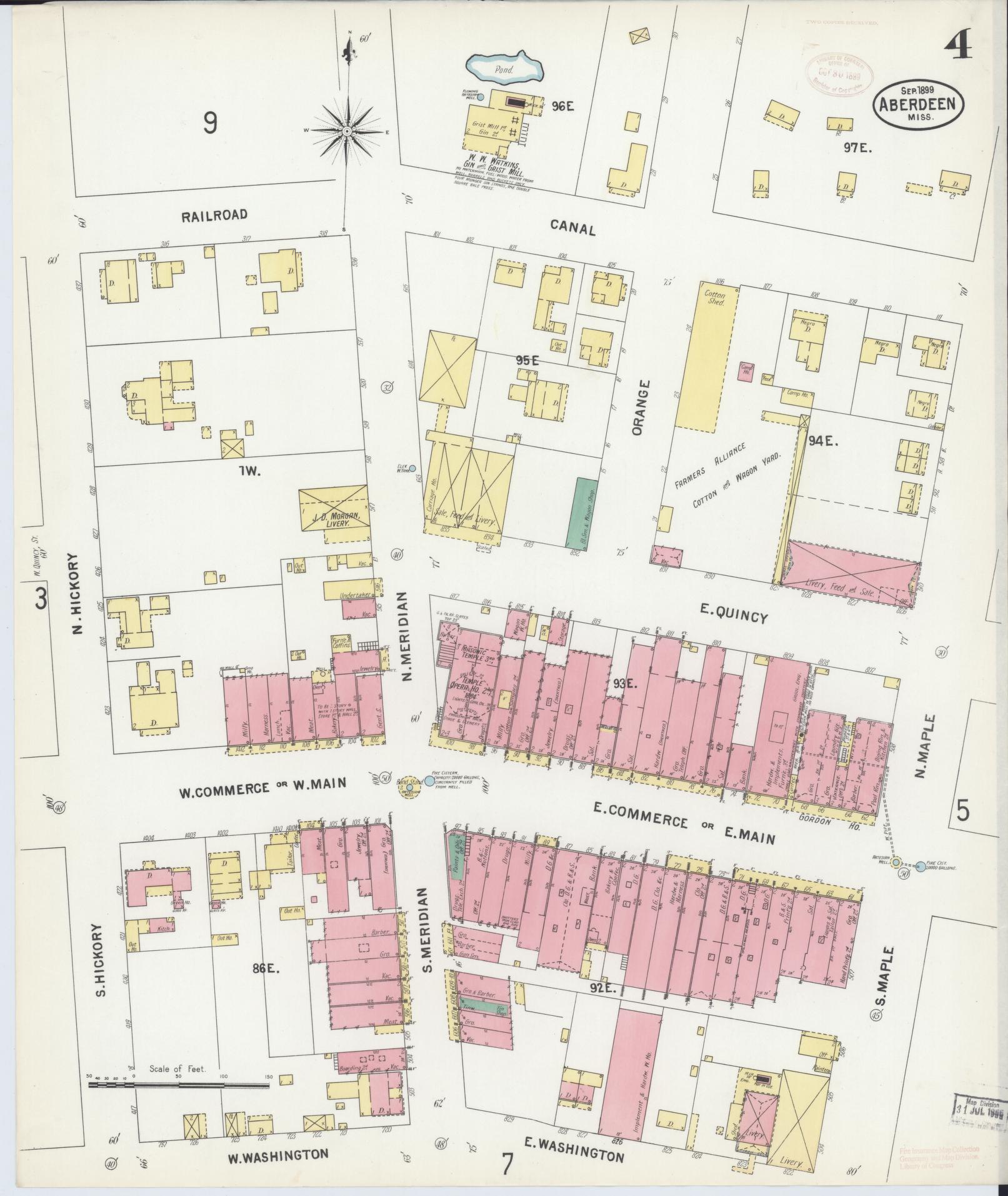 Sanborn Fire Insurance Map from Aberdeen, Monroe County, Mississippi (1899), Sheet #0004 - Historic Sanborn Fire Insurance Map Print, vintage old map wall art, antique decor, genealogy gift, Mississippi Mississippi map