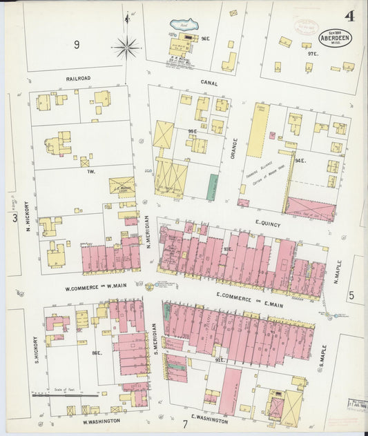 Sanborn Fire Insurance Map from Aberdeen, Monroe County, Mississippi (1899), Sheet #0004 - Historic Sanborn Fire Insurance Map Print, vintage old map wall art, antique decor, genealogy gift, Mississippi Mississippi map