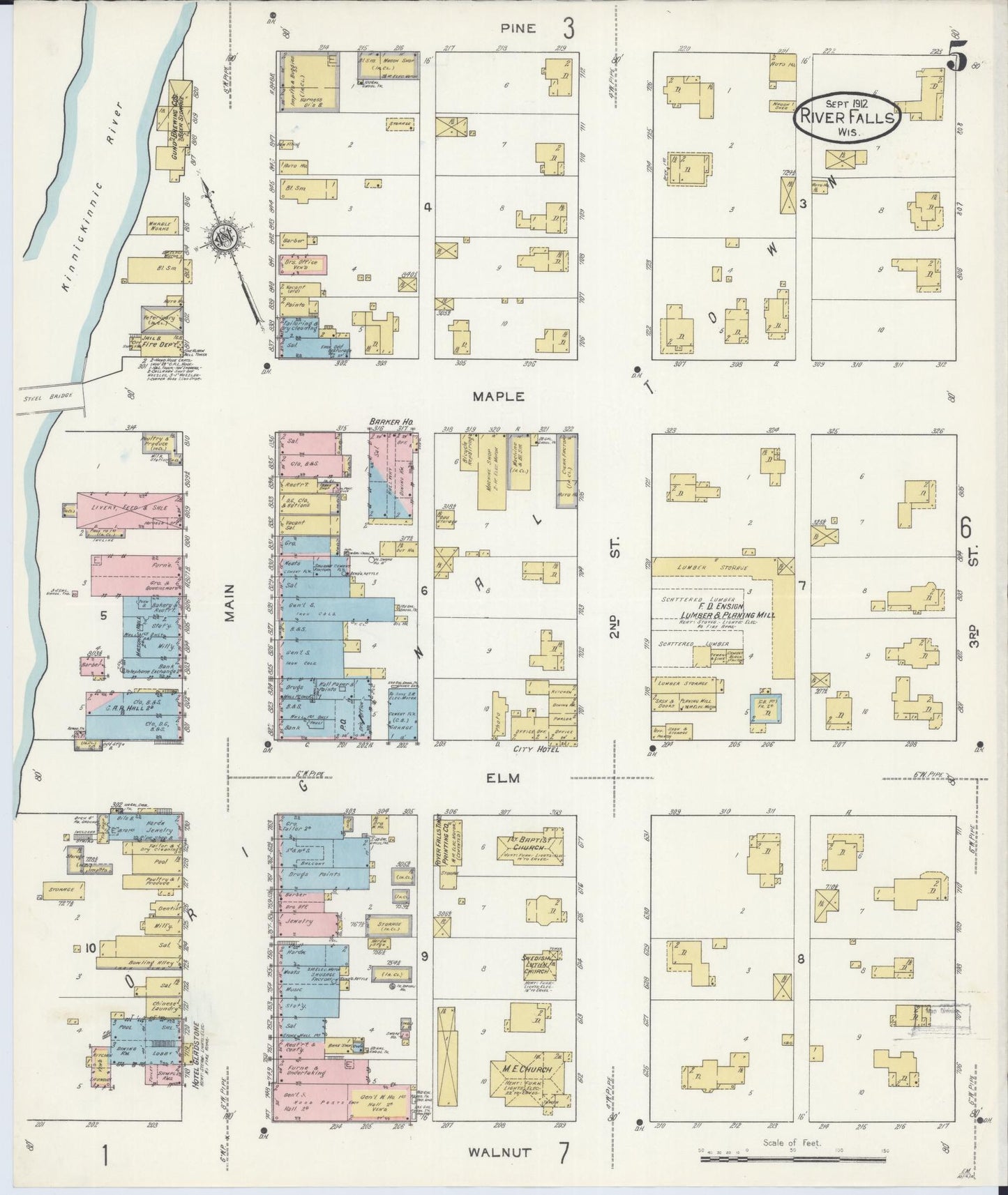Sanborn Fire Insurance Map from River Falls, St. Croix and Pierce Counties, Wisconsin (1912), Sheet #0005 - Complete Map Set gallery image, historic Sanborn map, vintage wall art, Wisconsin Wisconsin