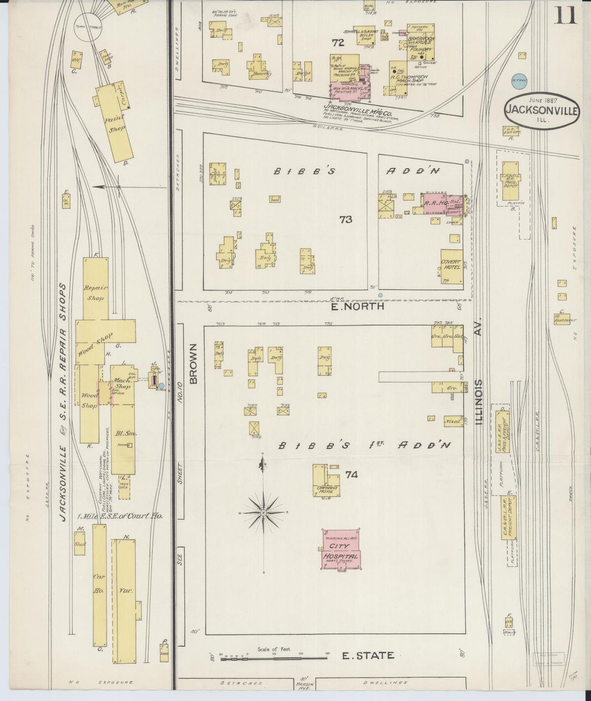 Sanborn Fire Insurance Map from Jacksonville, Morgan County, Illinois (1887), Sheet #0011 - Complete Map Set gallery image, historic Sanborn map, vintage wall art, Illinois Illinois