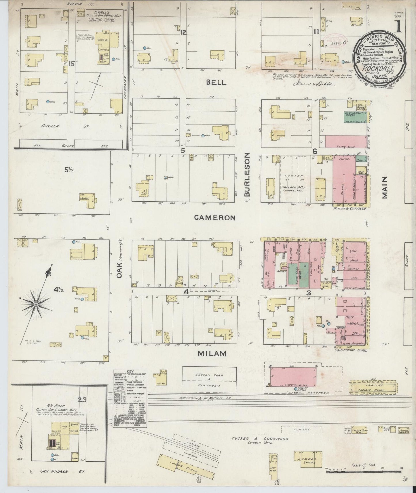 Sanborn Fire Insurance Map from Rockdale, Milam County, Texas (1891), Sheet #0001 - Complete Map Set gallery image, historic Sanborn map, vintage wall art, Texas Texas