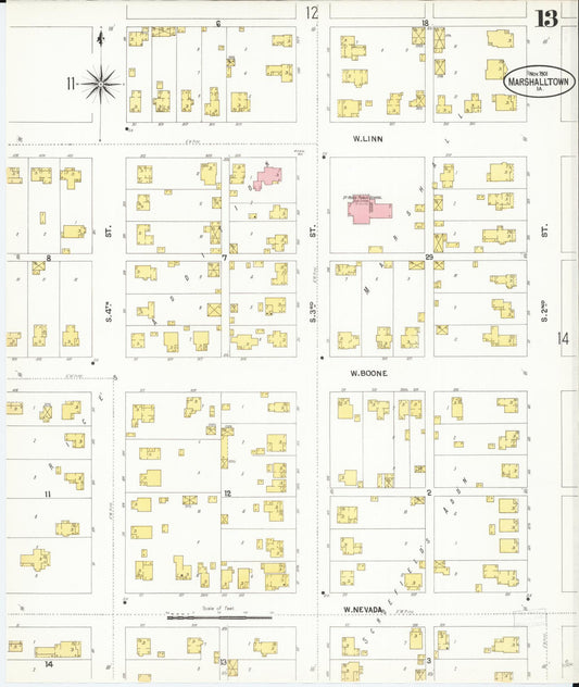 Sanborn Fire Insurance Map from Marshalltown, Marshall County, Iowa (1901), Sheet #0013 - Historic Sanborn Fire Insurance Map Print, vintage old map wall art