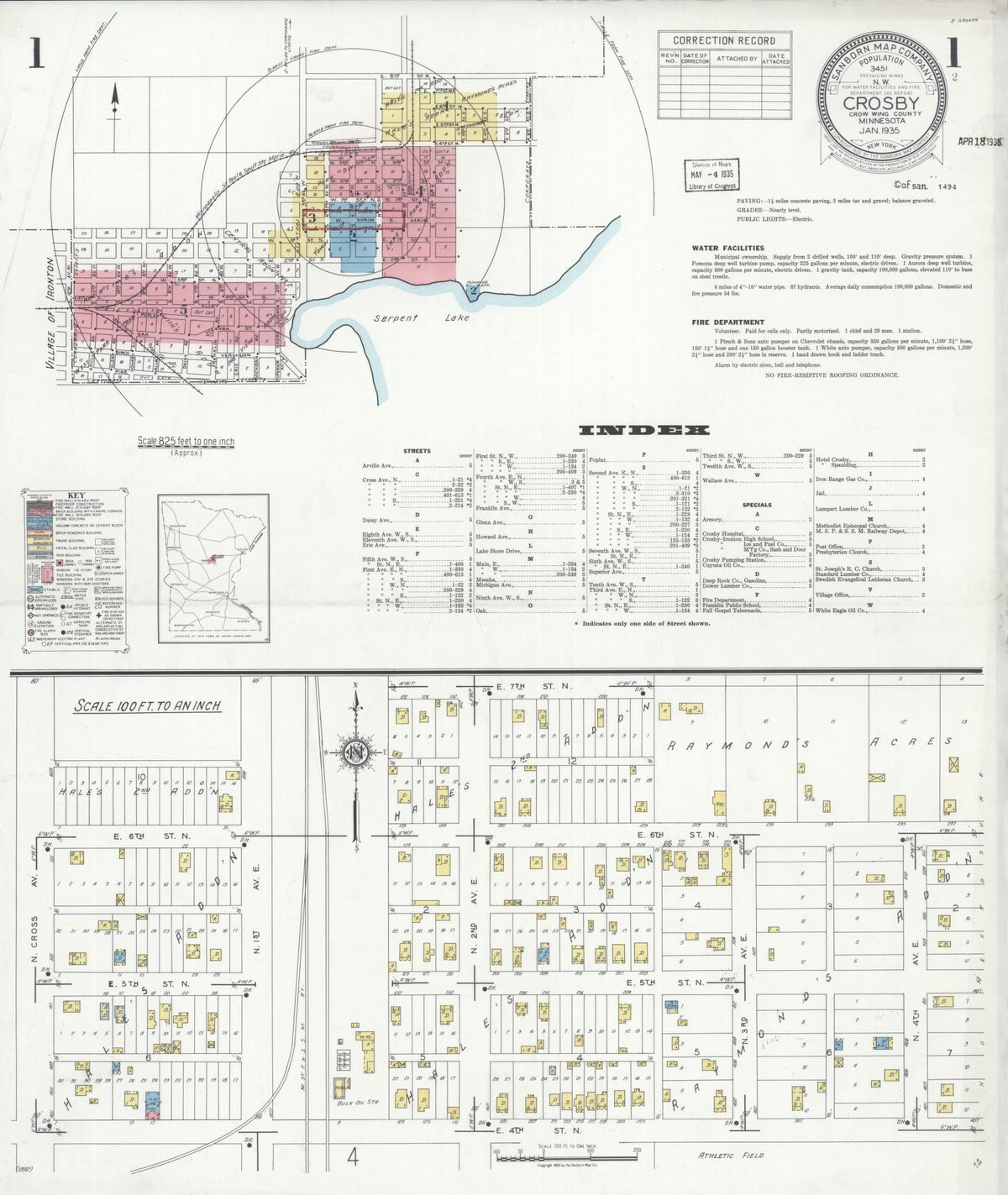 Sanborn Fire Insurance Map from Crosby, Crow Wing County, Minnesota (1935), Sheet #0001 - Complete Map Set gallery image, historic Sanborn map, vintage wall art, Minnesota Minnesota