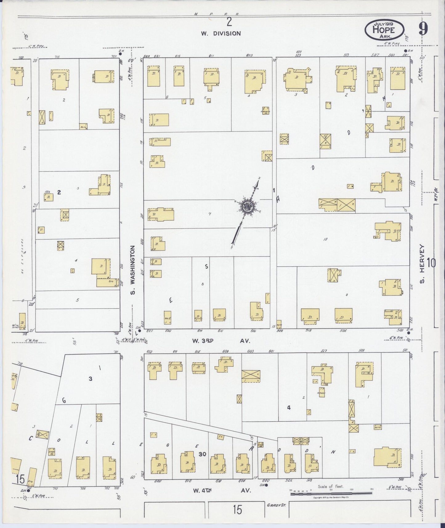 Sanborn Fire Insurance Map from Hope, Hempstead County, Arkansas (1919), Sheet #0009 - Complete Map Set gallery image, historic Sanborn map, vintage wall art, Arkansas Arkansas