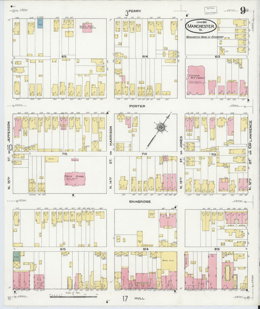 Sanborn Fire Insurance Map from Manchester, Chesterfield County, Virginia (1910), Sheet #0009 - Historic Sanborn Fire Insurance Map Print, vintage old map wall art, antique decor, genealogy gift, Virginia Virginia map