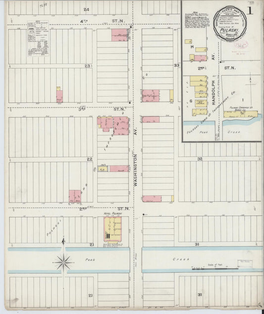 Sanborn Fire Insurance Map from Pulaski, Pulaski County, Virginia (1894), Sheet #0001 - Historic Sanborn Fire Insurance Map Print, vintage old map wall art, antique decor, genealogy gift, Virginia Virginia map
