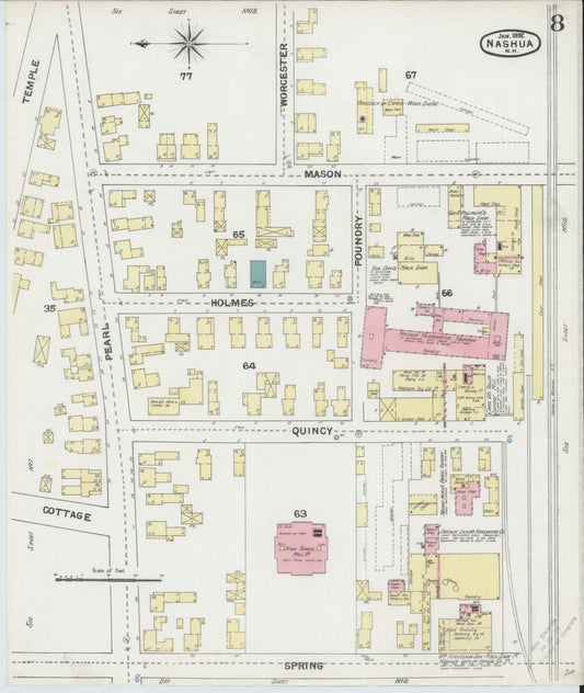 Sanborn Fire Insurance Map from Nashua, Hillsborough County, New Hampshire (1892), Sheet #0008 - Historic Sanborn Fire Insurance Map Print, vintage old map wall art, antique decor, genealogy gift, New Hampshire New Hampshire map