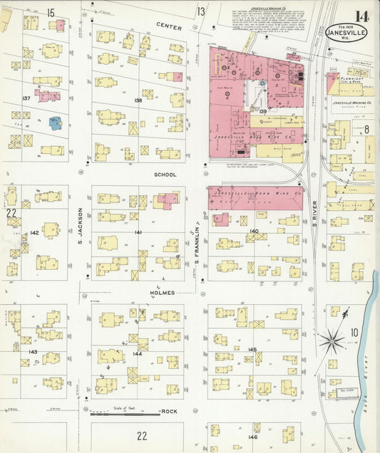 Sanborn Fire Insurance Map from Janesville, Rock County, Wisconsin (1909), Sheet #0014 - Historic Sanborn Fire Insurance Map Print, vintage old map wall art, antique decor, genealogy gift, Wisconsin Wisconsin map