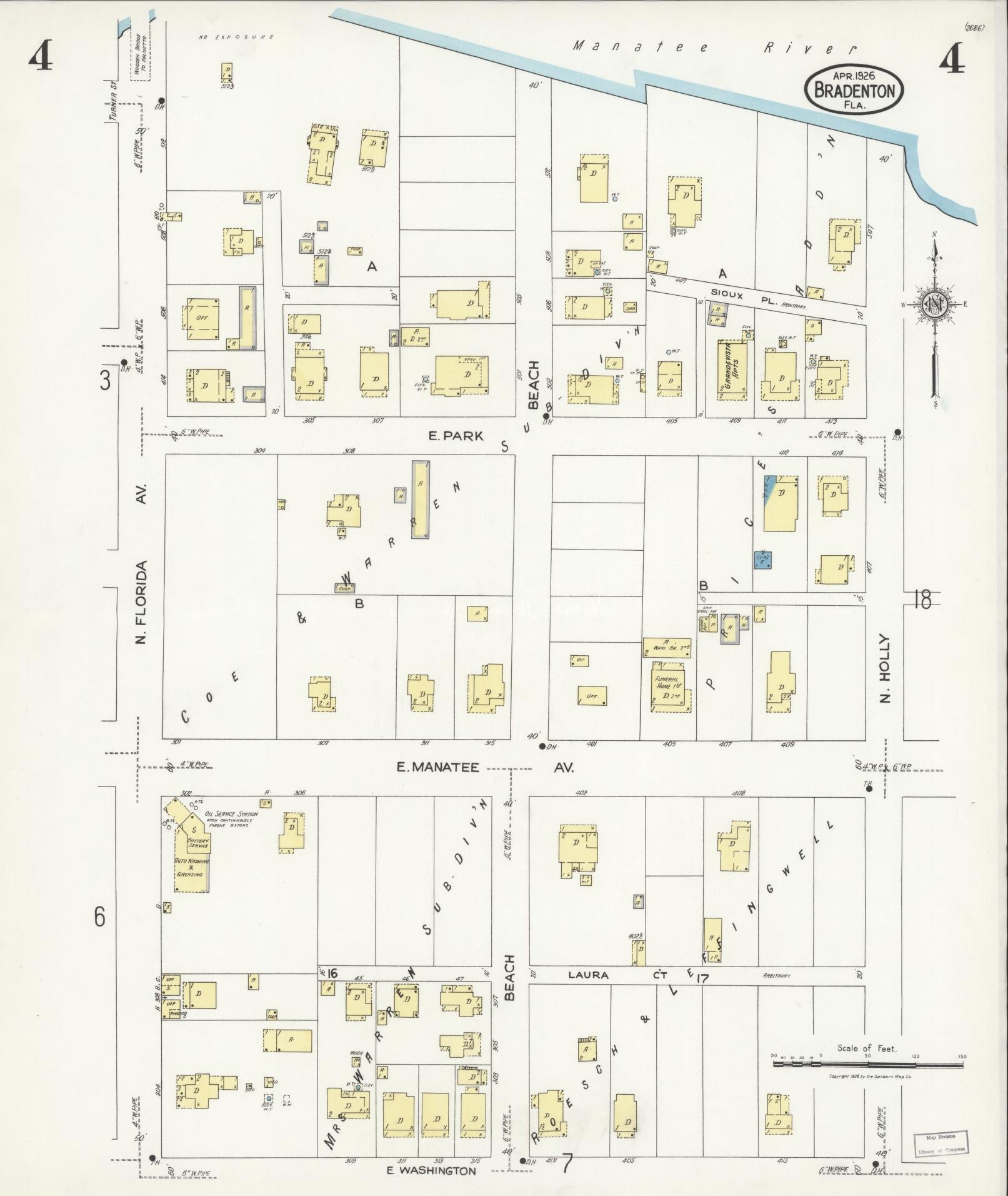 Sanborn Fire Insurance Map from Bradentown, Manatee County, Florida (1926), Sheet #0004 - Historic Sanborn Fire Insurance Map Print, vintage old map wall art, antique decor, genealogy gift, Florida Florida map