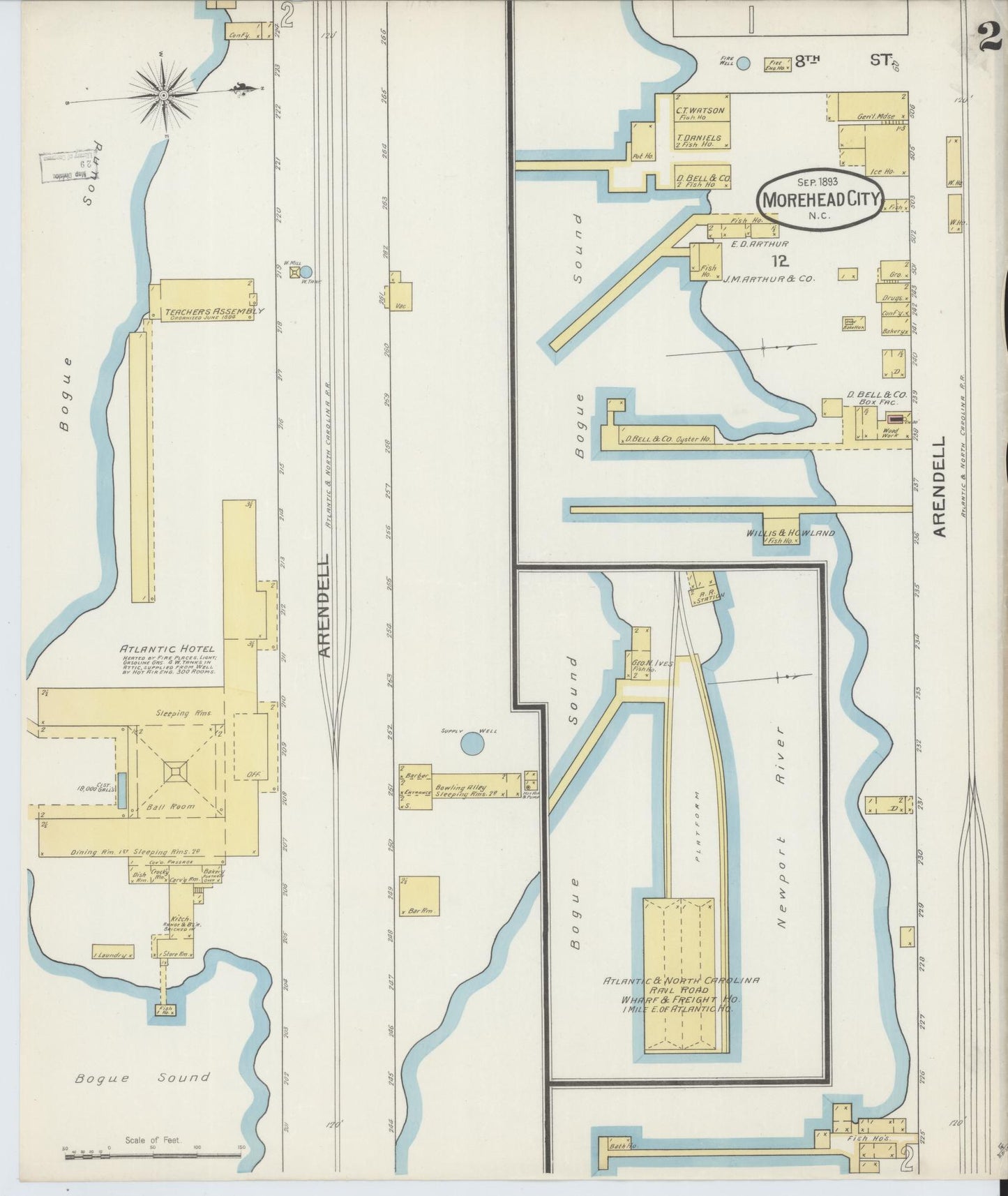 Sanborn Fire Insurance Map from Morehead City, Carteret County, North Carolina (1893), Sheet #0002 - Complete Map Set gallery image, historic Sanborn map, vintage wall art, North Carolina North Carolina