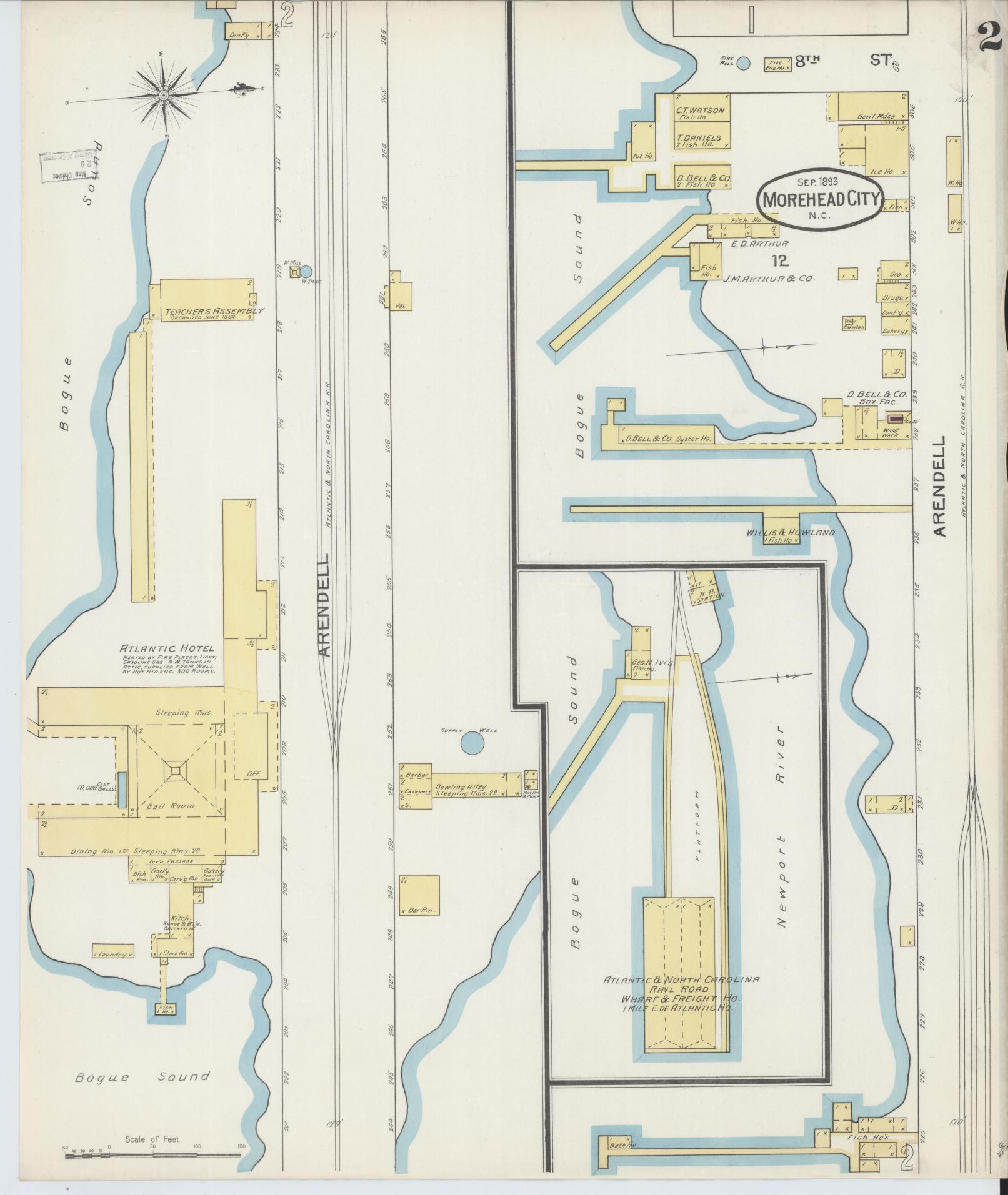 Sanborn Fire Insurance Map from Morehead City, Carteret County, North Carolina (1893), Sheet #0002 - Complete Map Set gallery image, historic Sanborn map, vintage wall art, North Carolina North Carolina