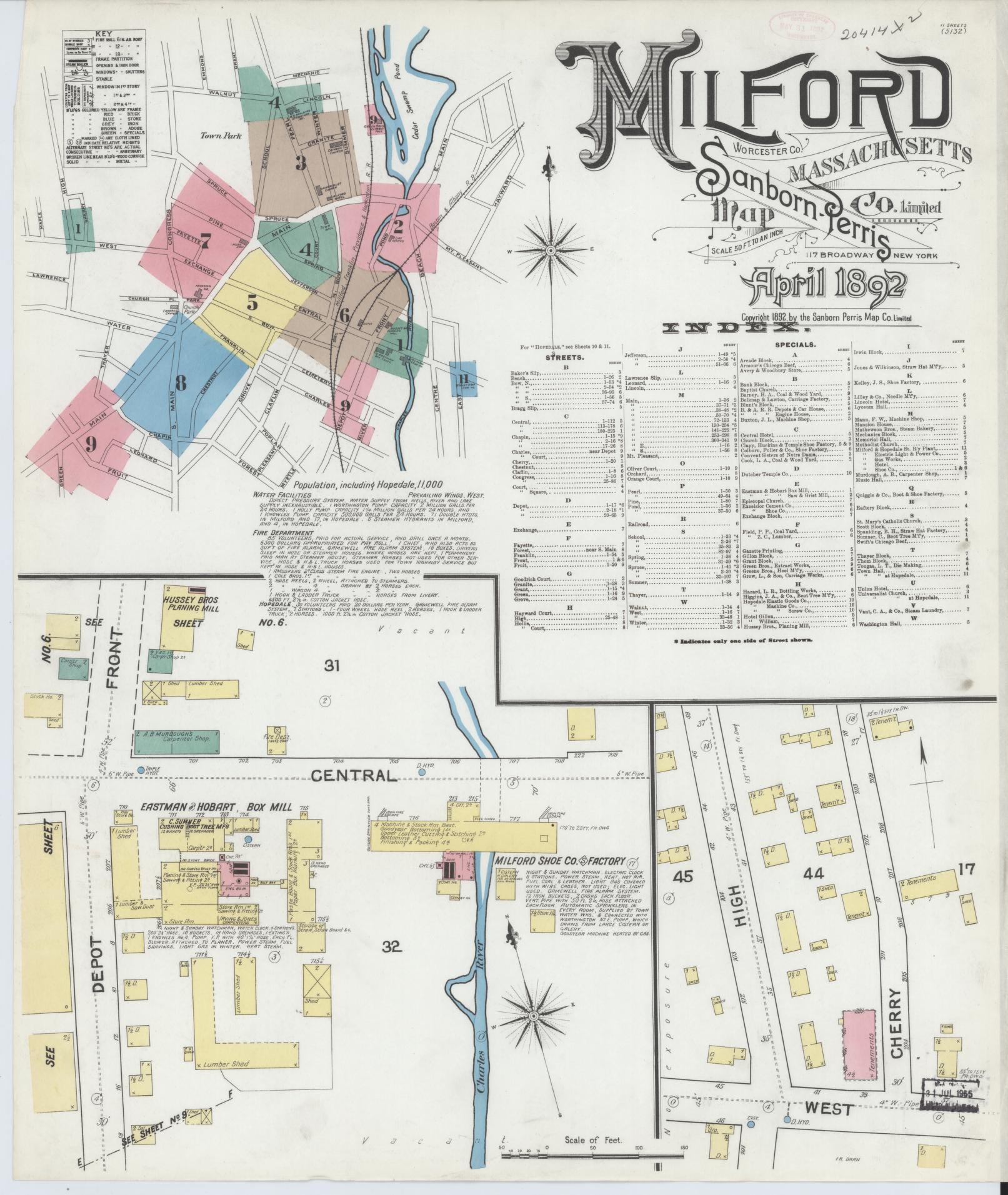 Sanborn Fire Insurance Map from Milford, Worcester County, Massachusetts (1892), Sheet #0001 - Complete Map Set gallery image, historic Sanborn map, vintage wall art, Massachusetts Massachusetts